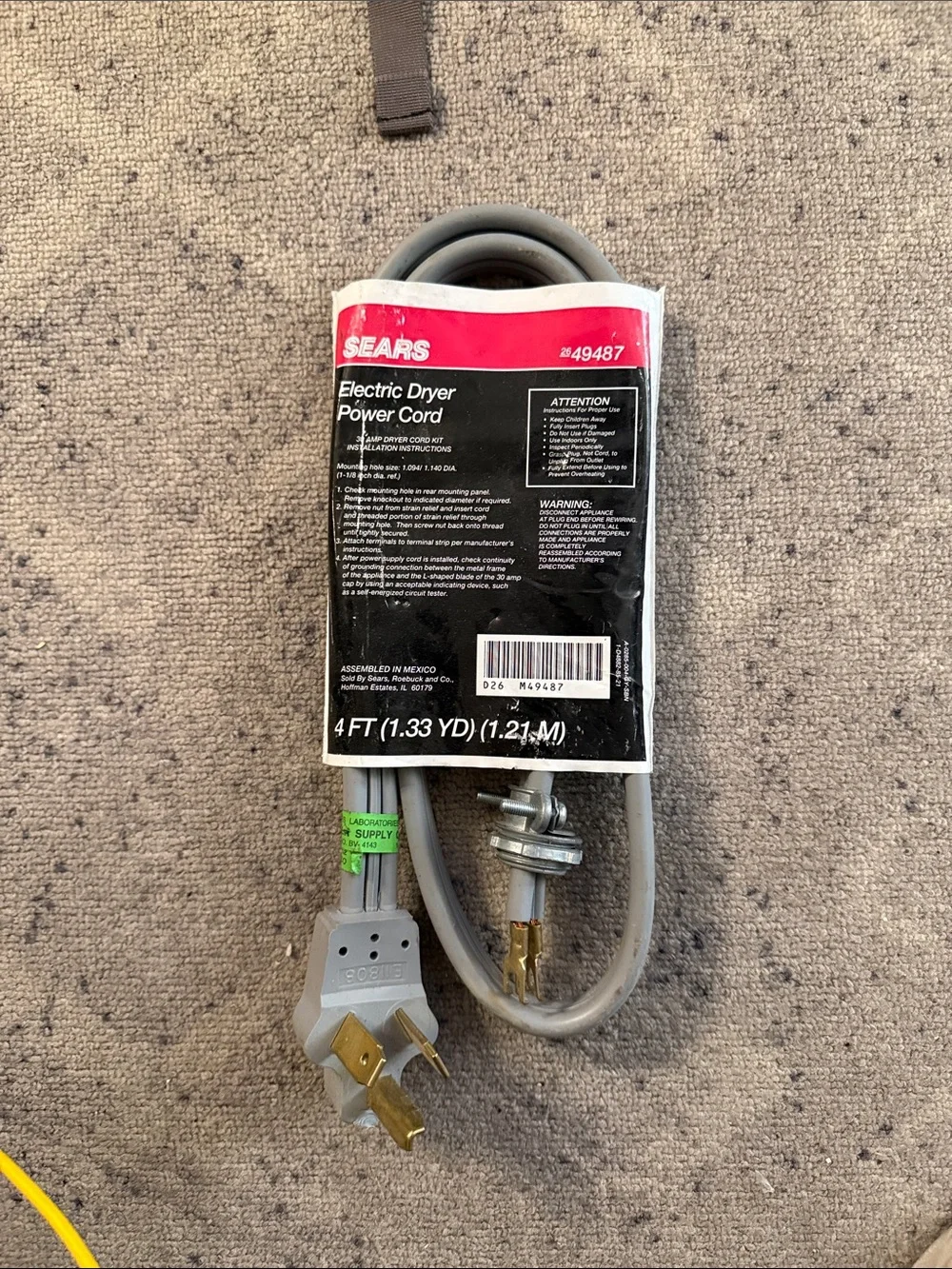 Sears Gray Electric Dryer Power Cord with White/Red Label